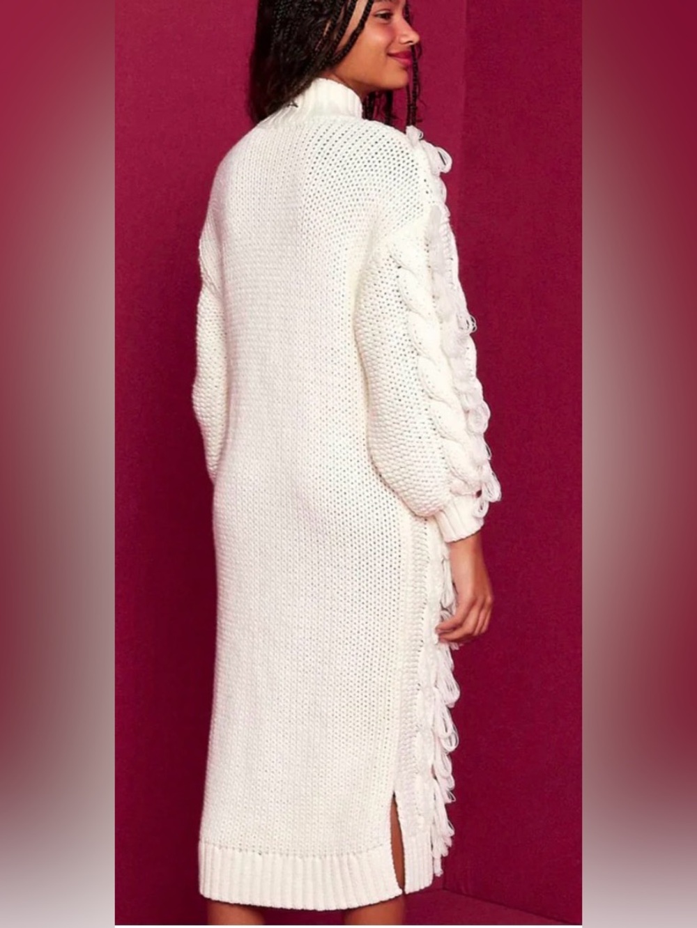 FARM RIO Ivory Cable Knit Fringe Midi Sweater Dress M MSRP $285 - Picture 4 of 10